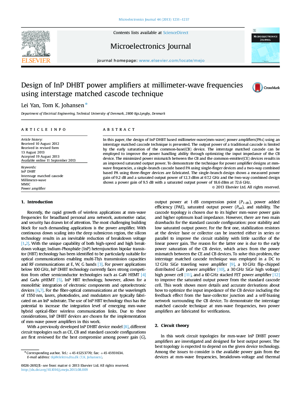 Design of InP DHBT power amplifiers at millimeter-wave frequencies using interstage matched cascode technique