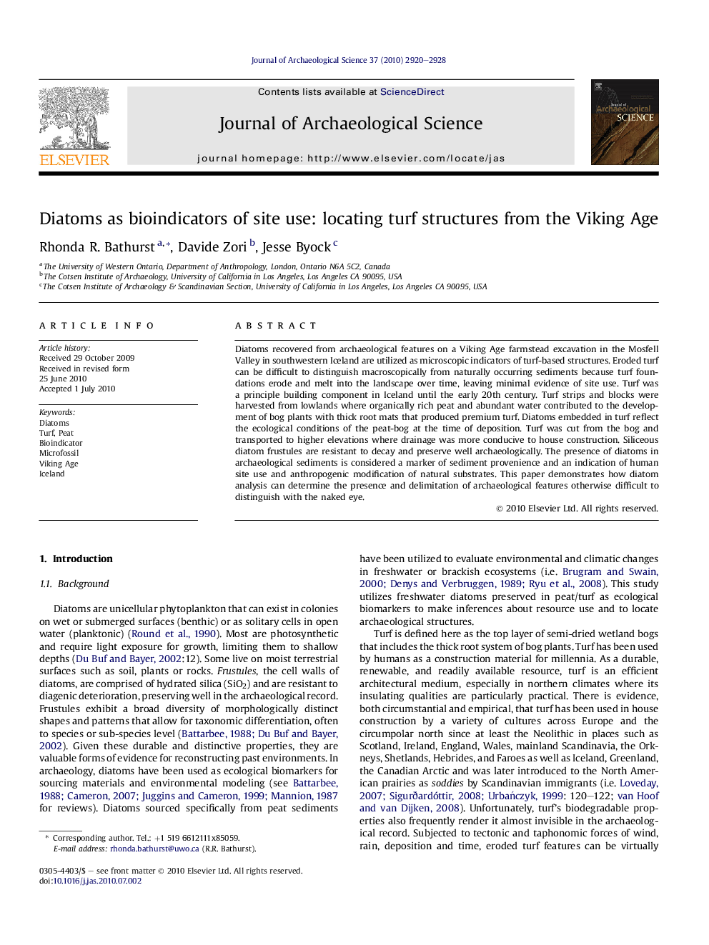 عکس صفحه اول مقاله: Diatoms as bioindicators of site use: locating turf structures from the Viking Age Diatoms as bioindicators of site use: locating turf structures from the Viking Age