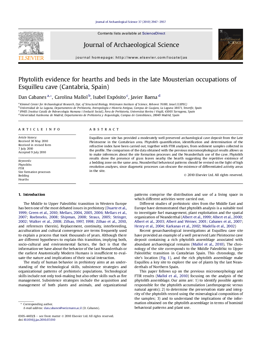 Phytolith evidence for hearths and beds in the late Mousterian occupations of Esquilleu cave (Cantabria, Spain)