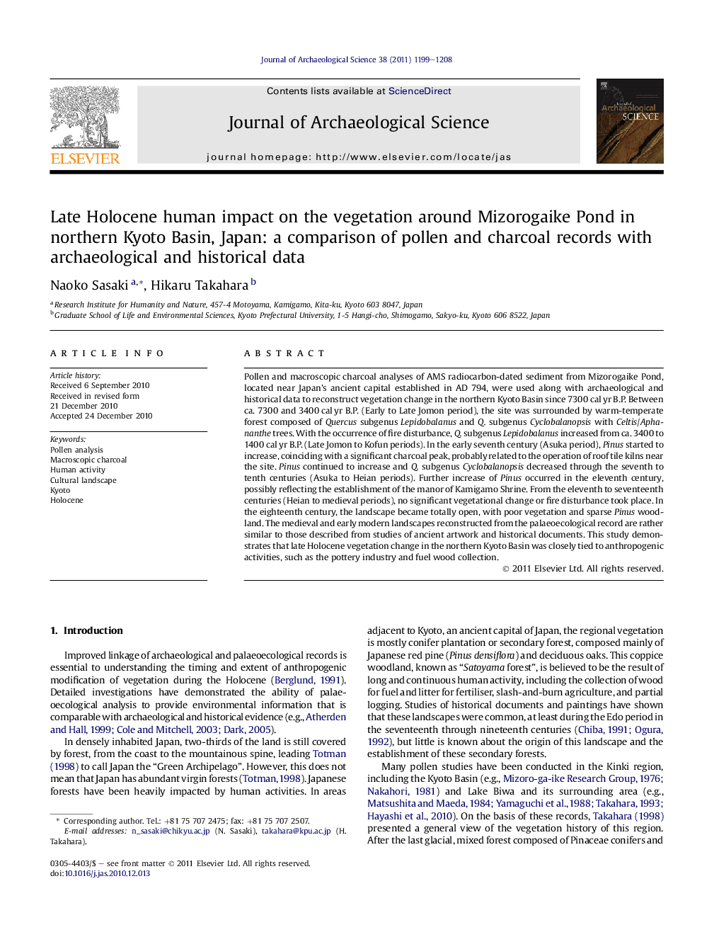 Late Holocene human impact on the vegetation around Mizorogaike Pond in northern Kyoto Basin, Japan: a comparison of pollen and charcoal records with archaeological and historical data