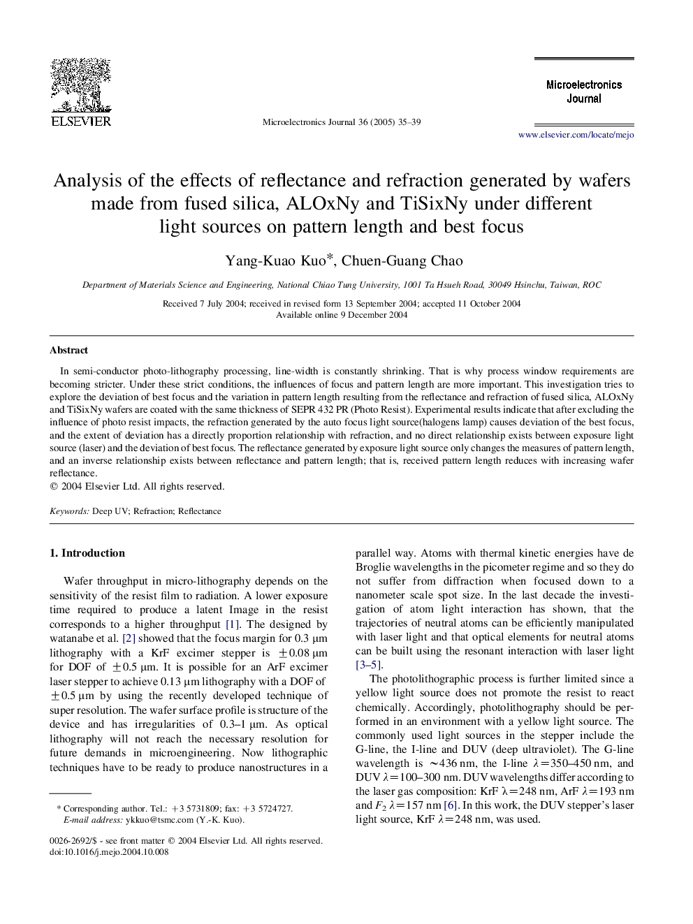 Analysis of the effects of reflectance and refraction generated by wafers made from fused silica, ALOxNy and TiSixNy under different light sources on pattern length and best focus