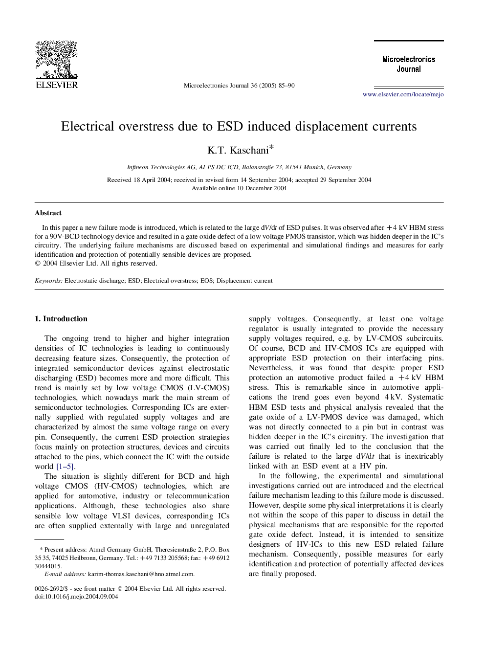 Electrical overstress due to ESD induced displacement currents