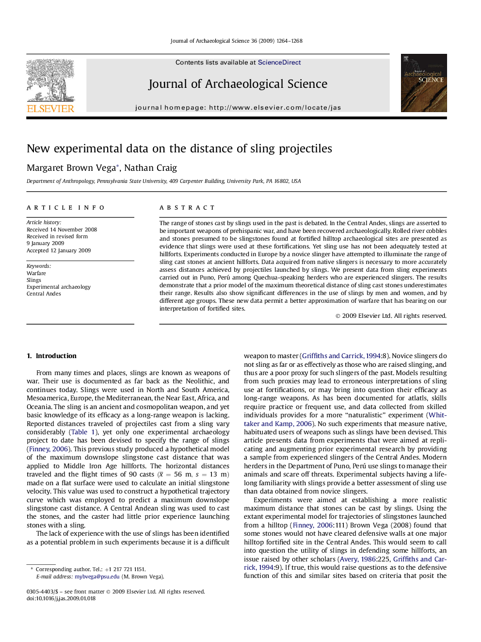 New experimental data on the distance of sling projectiles