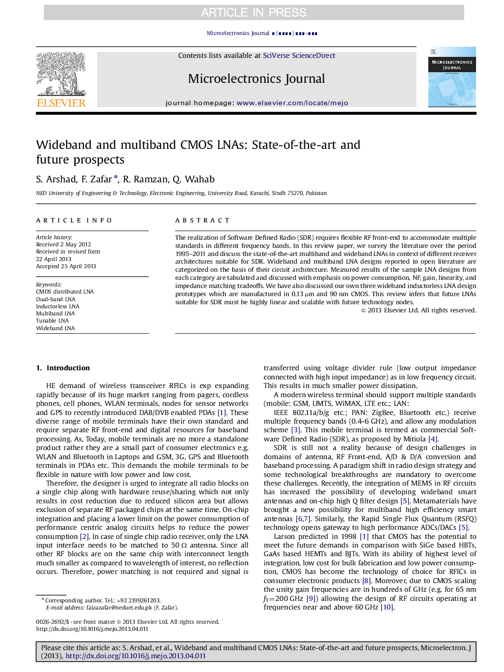 عکس صفحه اول مقاله: Wideband and multiband CMOS LNAs: State-of-the-art and future prospects Wideband and multiband CMOS LNAs: State-of-the-art and future prospects