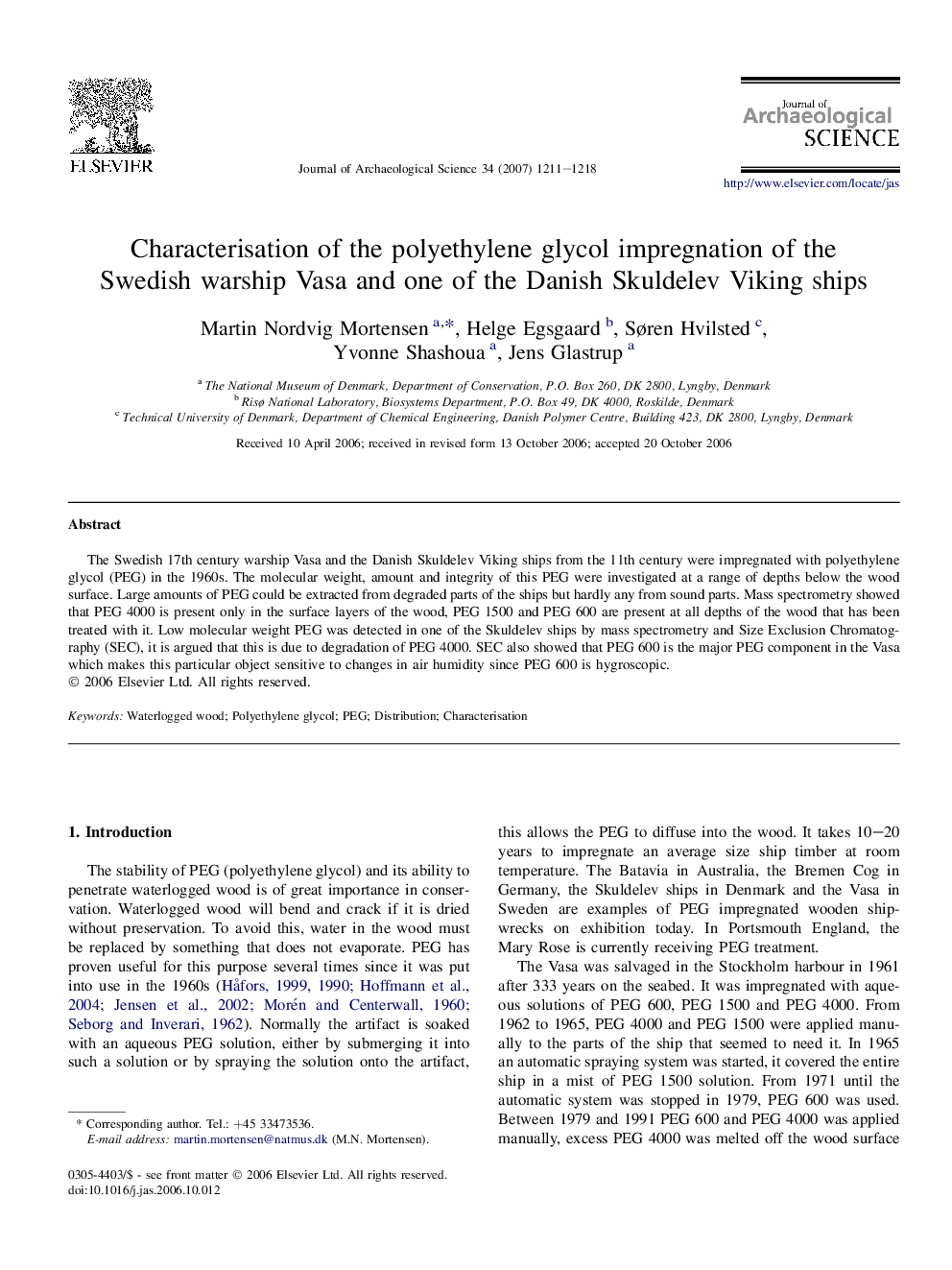 Characterisation of the polyethylene glycol impregnation of the Swedish warship Vasa and one of the Danish Skuldelev Viking ships