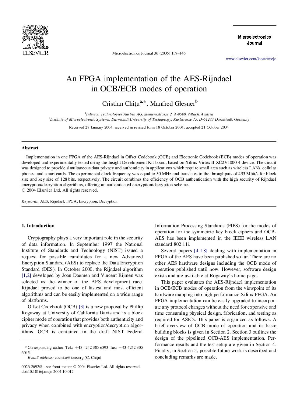 An FPGA implementation of the AES-Rijndael in OCB/ECB modes of operation