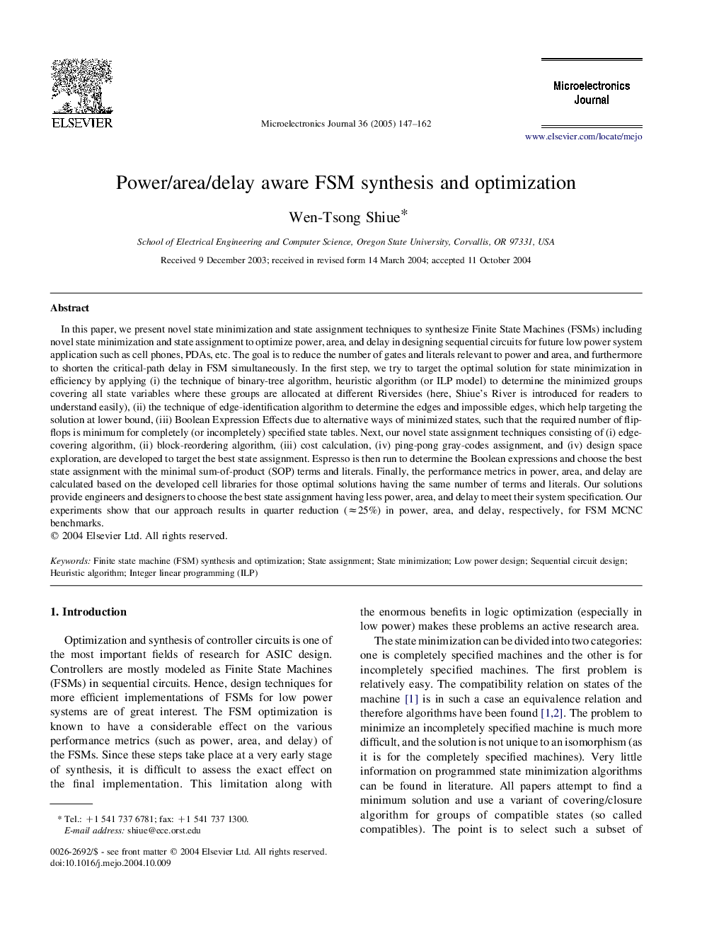 Power/area/delay aware FSM synthesis and optimization