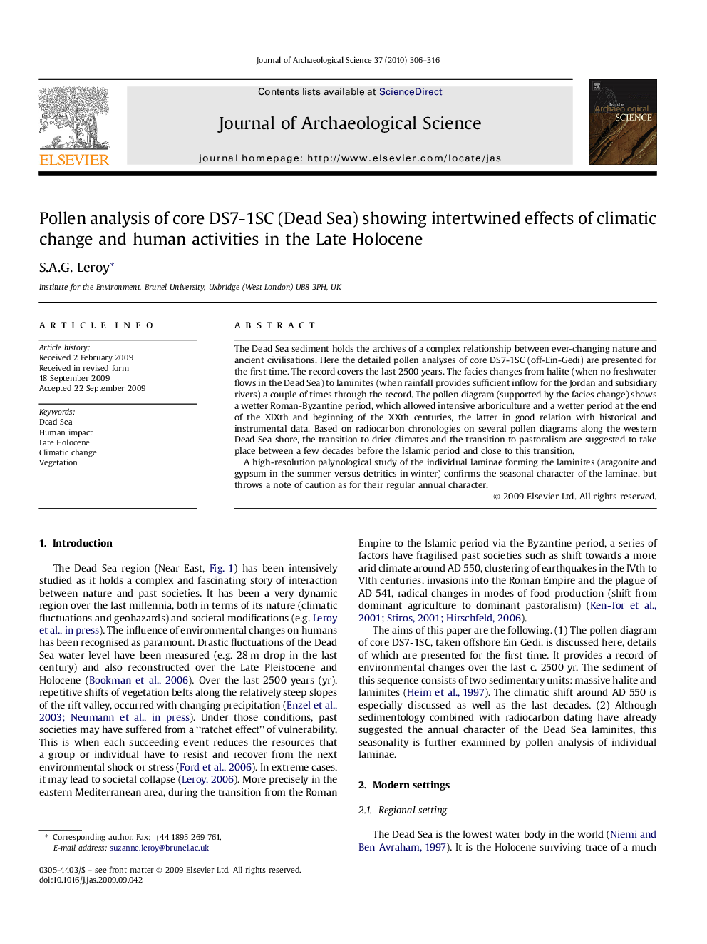 Pollen analysis of core DS7-1SC (Dead Sea) showing intertwined effects of climatic change and human activities in the Late Holocene