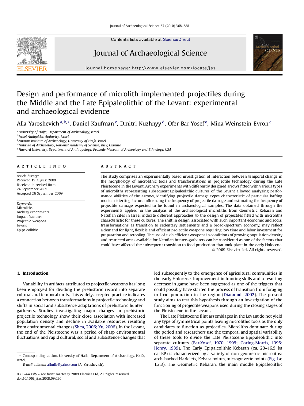 Design and performance of microlith implemented projectiles during the Middle and the Late Epipaleolithic of the Levant: experimental and archaeological evidence