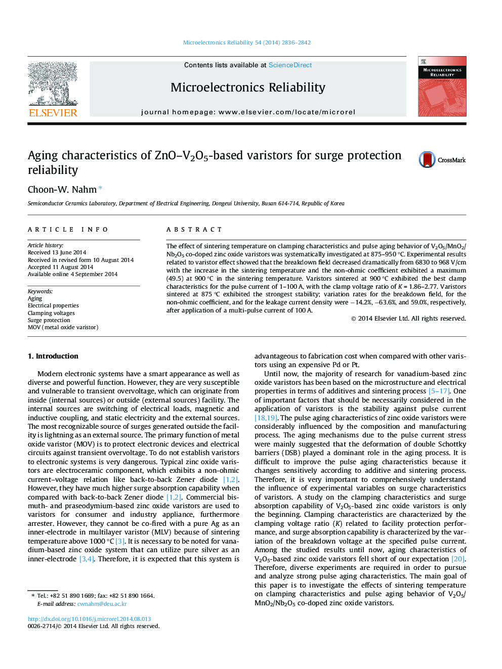 Aging characteristics of ZnO-V2O5-based varistors for surge protection reliability