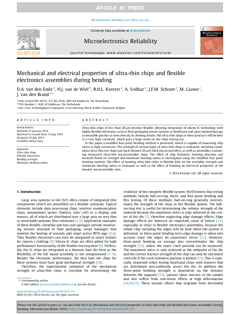 Mechanical and electrical properties of ultra-thin chips and flexible electronics assemblies during bending