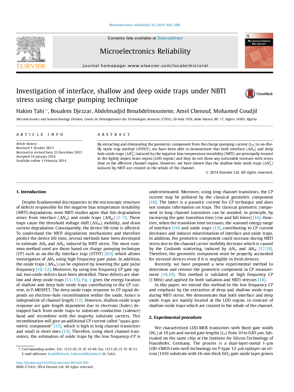 عکس صفحه اول مقاله: Investigation of interface, shallow and deep oxide traps under NBTI stress using charge pumping technique Investigation of interface, shallow and deep oxide traps under NBTI stress using charge pumping technique