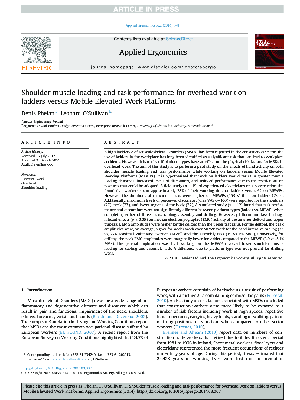 Shoulder muscle loading and task performance for overhead work on ladders versus Mobile Elevated Work Platforms