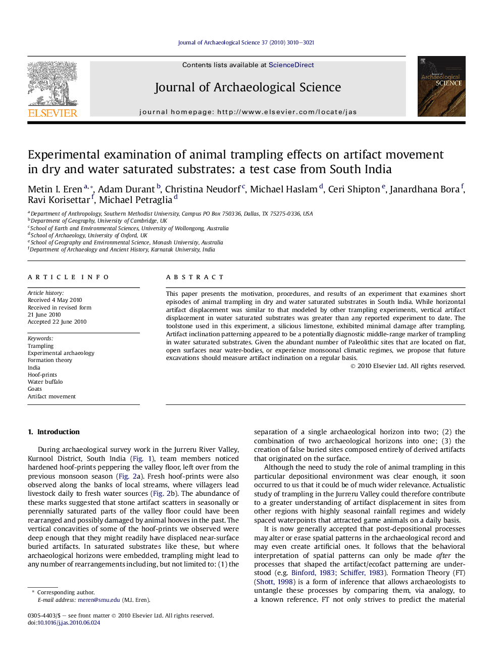 Experimental examination of animal trampling effects on artifact movement in dry and water saturated substrates: a test case from South India