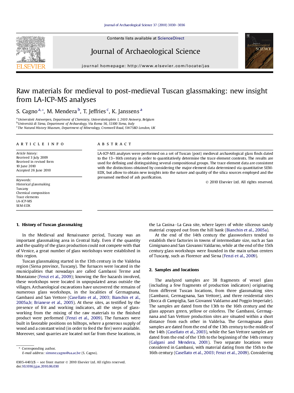 Raw materials for medieval to post-medieval Tuscan glassmaking: new insight from LA-ICP-MS analyses