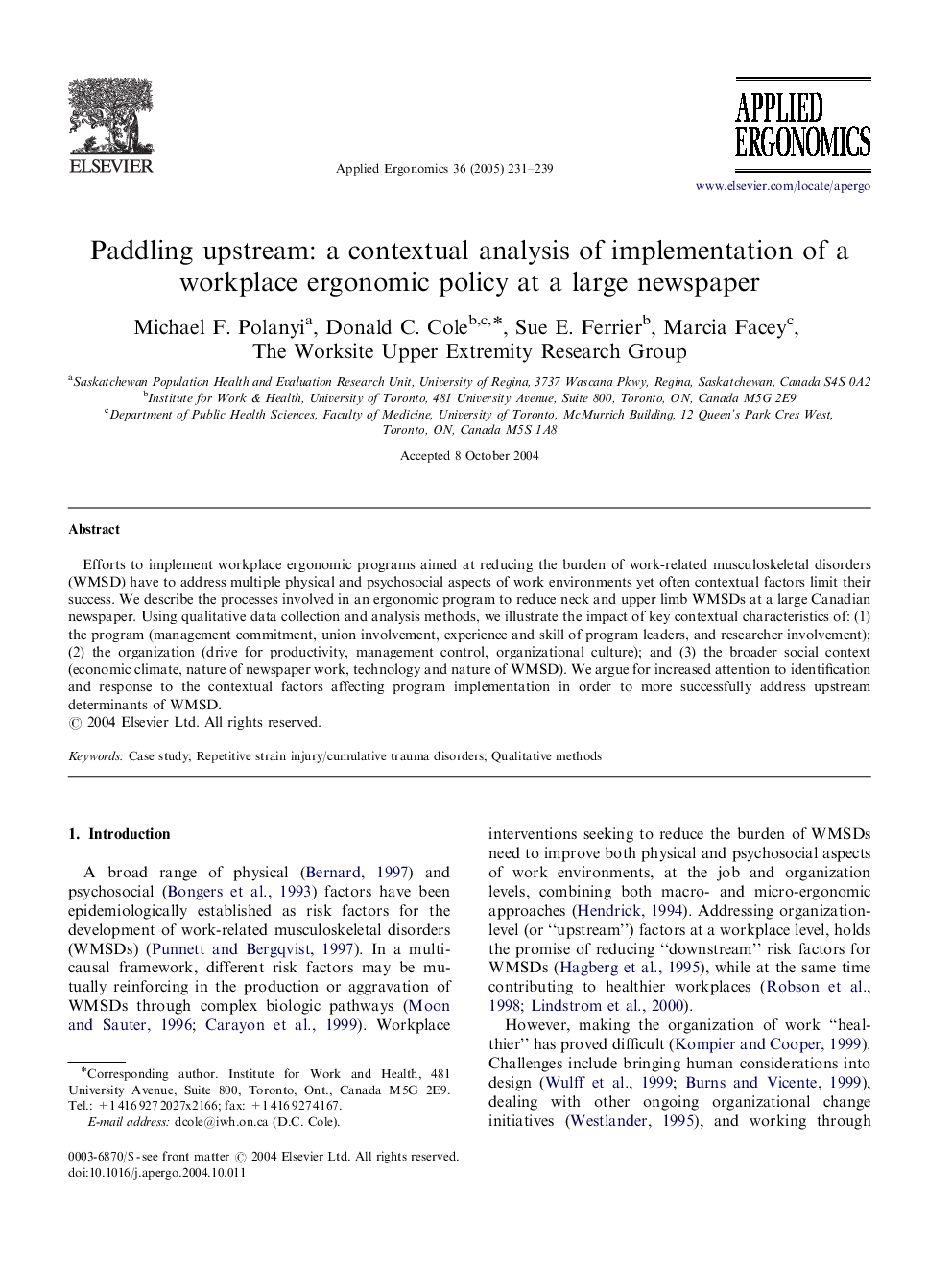 Paddling upstream: a contextual analysis of implementation of a workplace ergonomic policy at a large newspaper