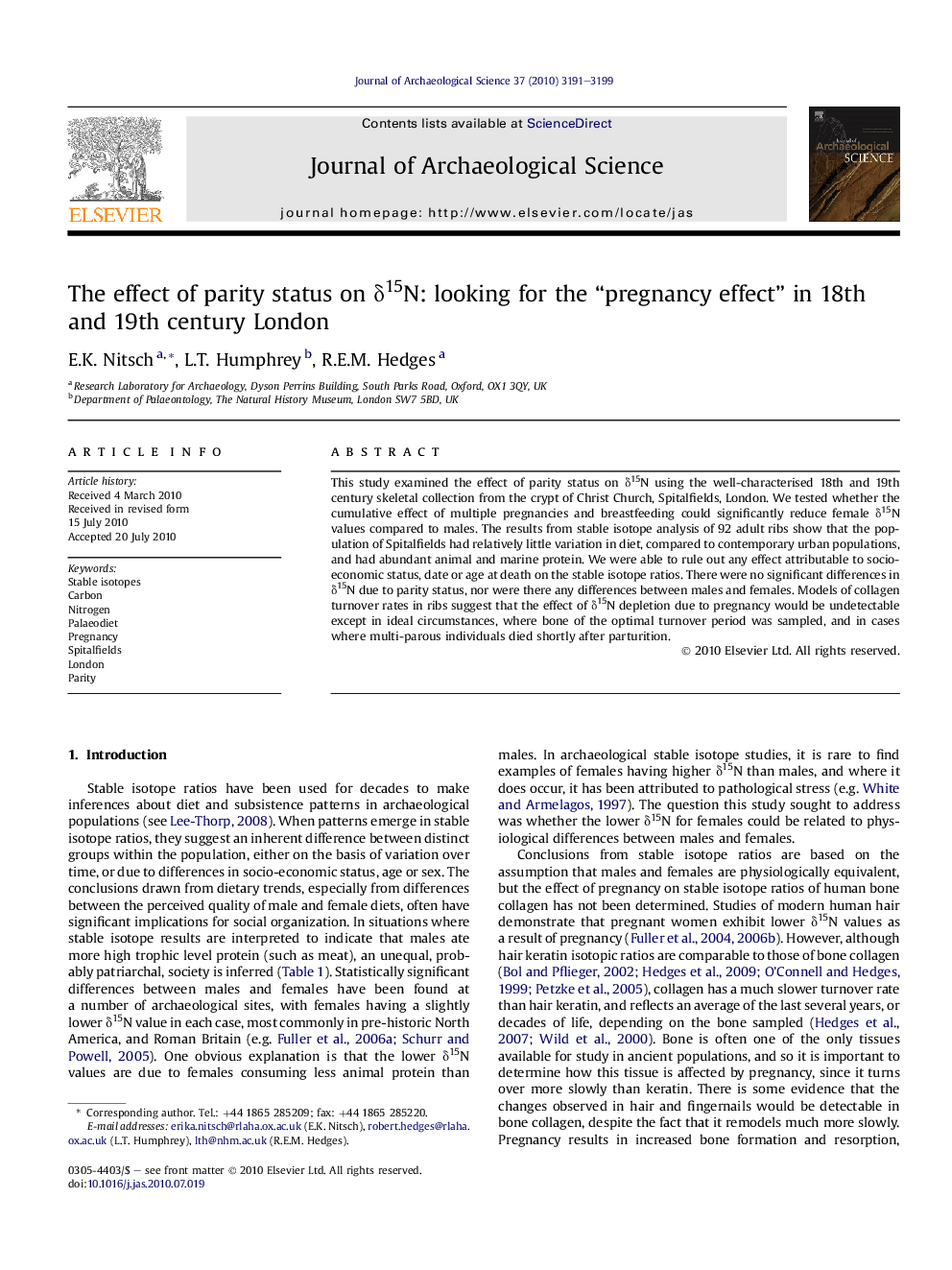 The effect of parity status on δ15N: looking for the “pregnancy effect” in 18th and 19th century London