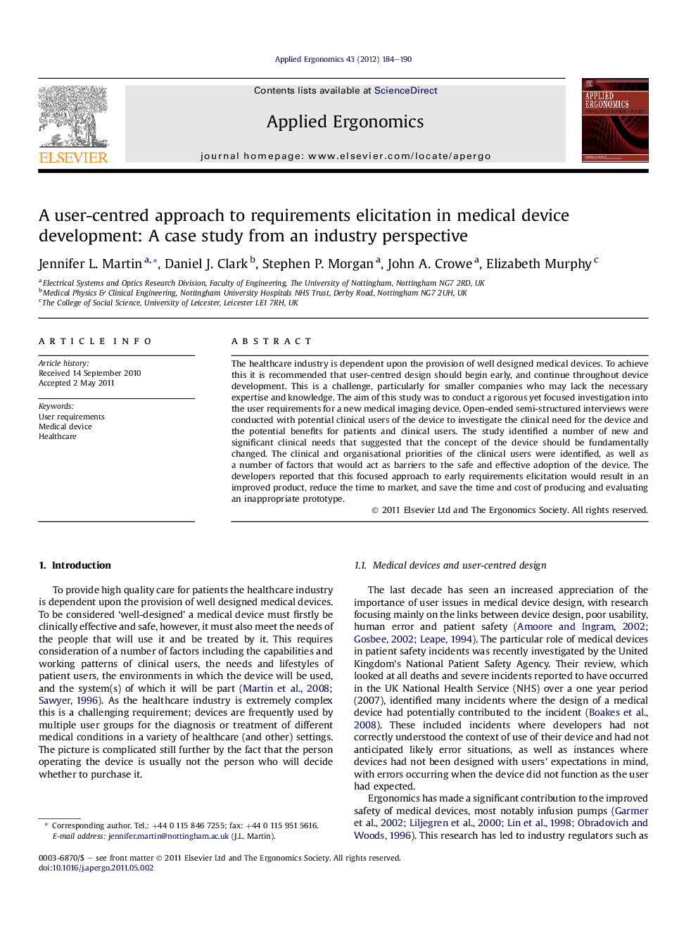 A user-centred approach to requirements elicitation in medical device development: A case study from an industry perspective