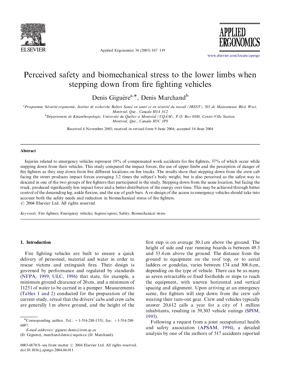 Perceived safety and biomechanical stress to the lower limbs when stepping down from fire fighting vehicles