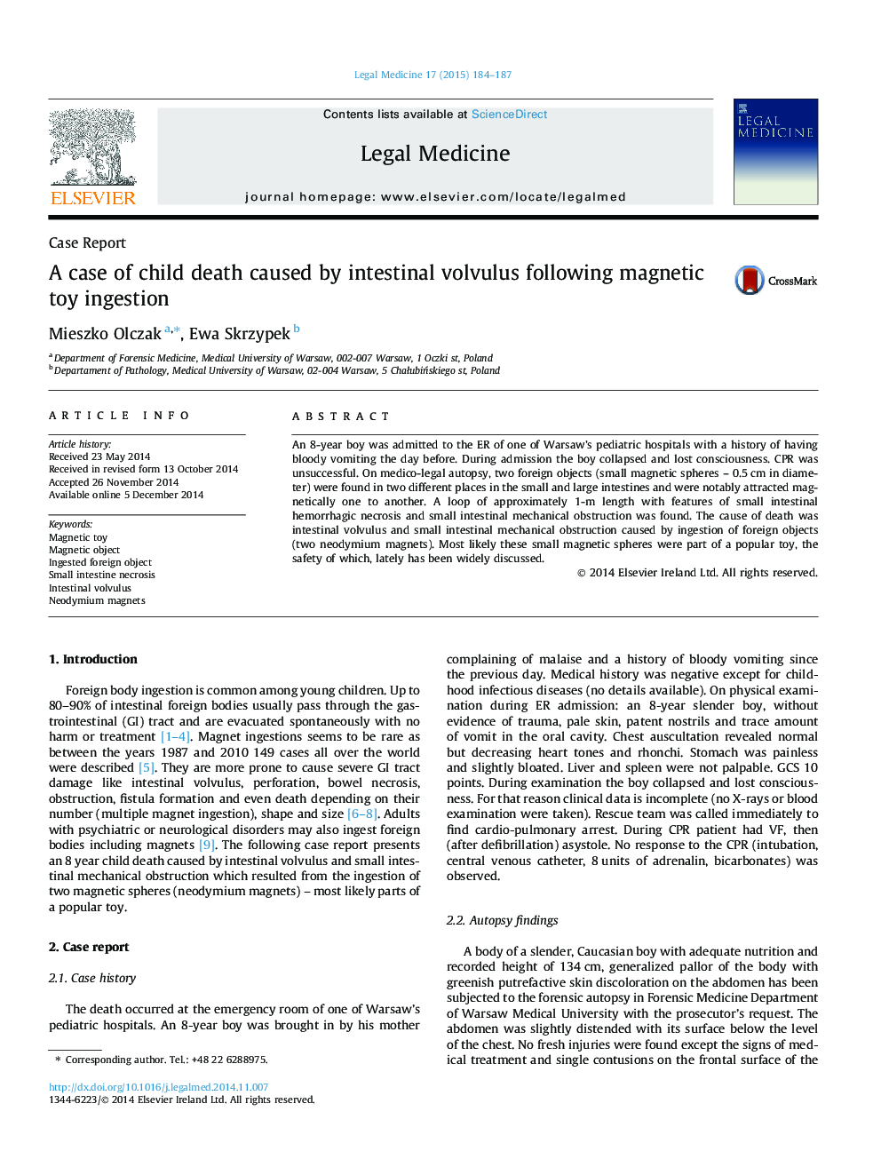 A case of child death caused by intestinal volvulus following magnetic toy ingestion