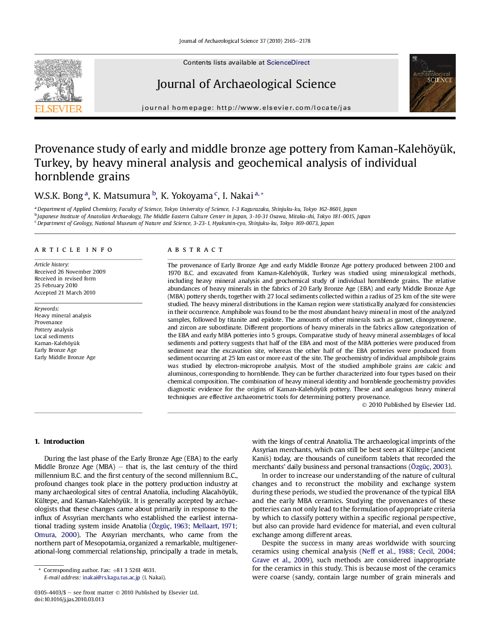 Provenance study of early and middle bronze age pottery from Kaman-Kalehöyük, Turkey, by heavy mineral analysis and geochemical analysis of individual hornblende grains