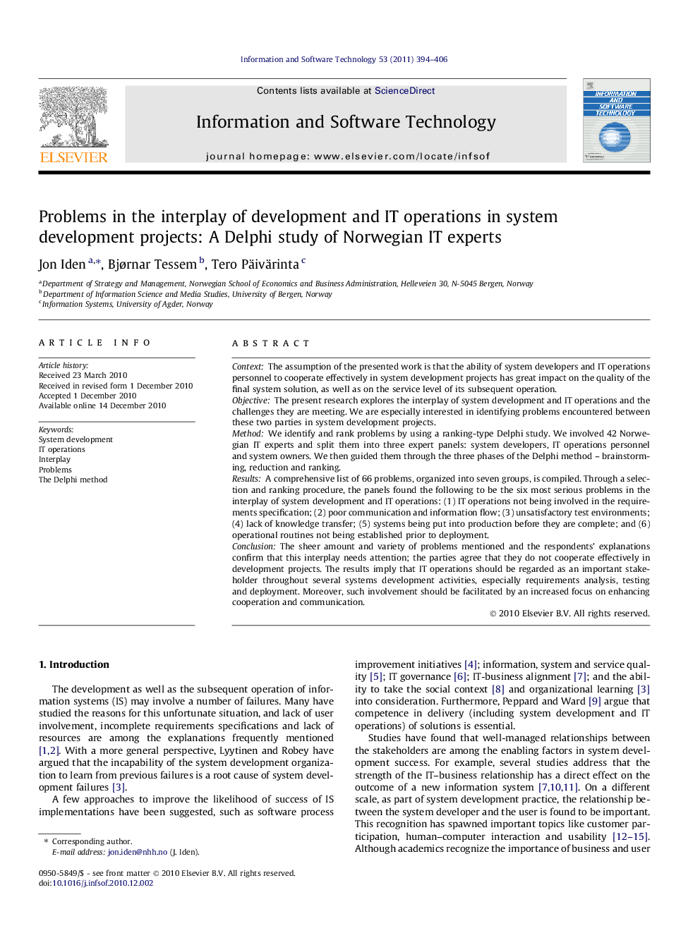 Problems in the interplay of development and IT operations in system development projects: A Delphi study of Norwegian IT experts