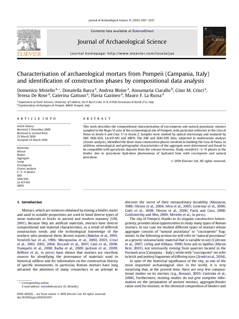 Characterisation of archaeological mortars from Pompeii (Campania, Italy) and identification of construction phases by compositional data analysis