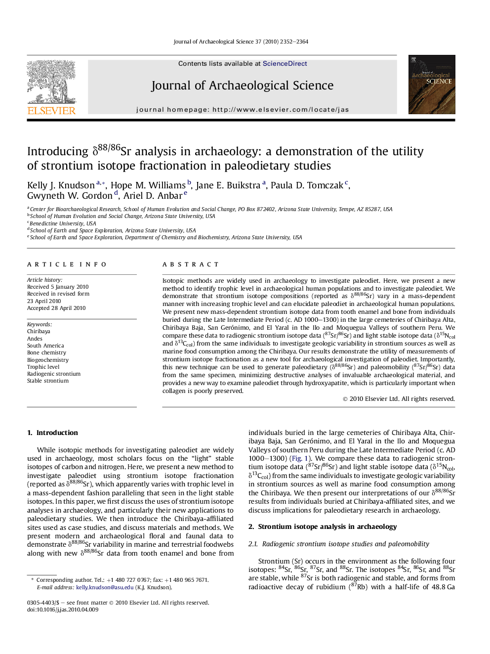 Introducing δ88/86Sr analysis in archaeology: a demonstration of the utility of strontium isotope fractionation in paleodietary studies