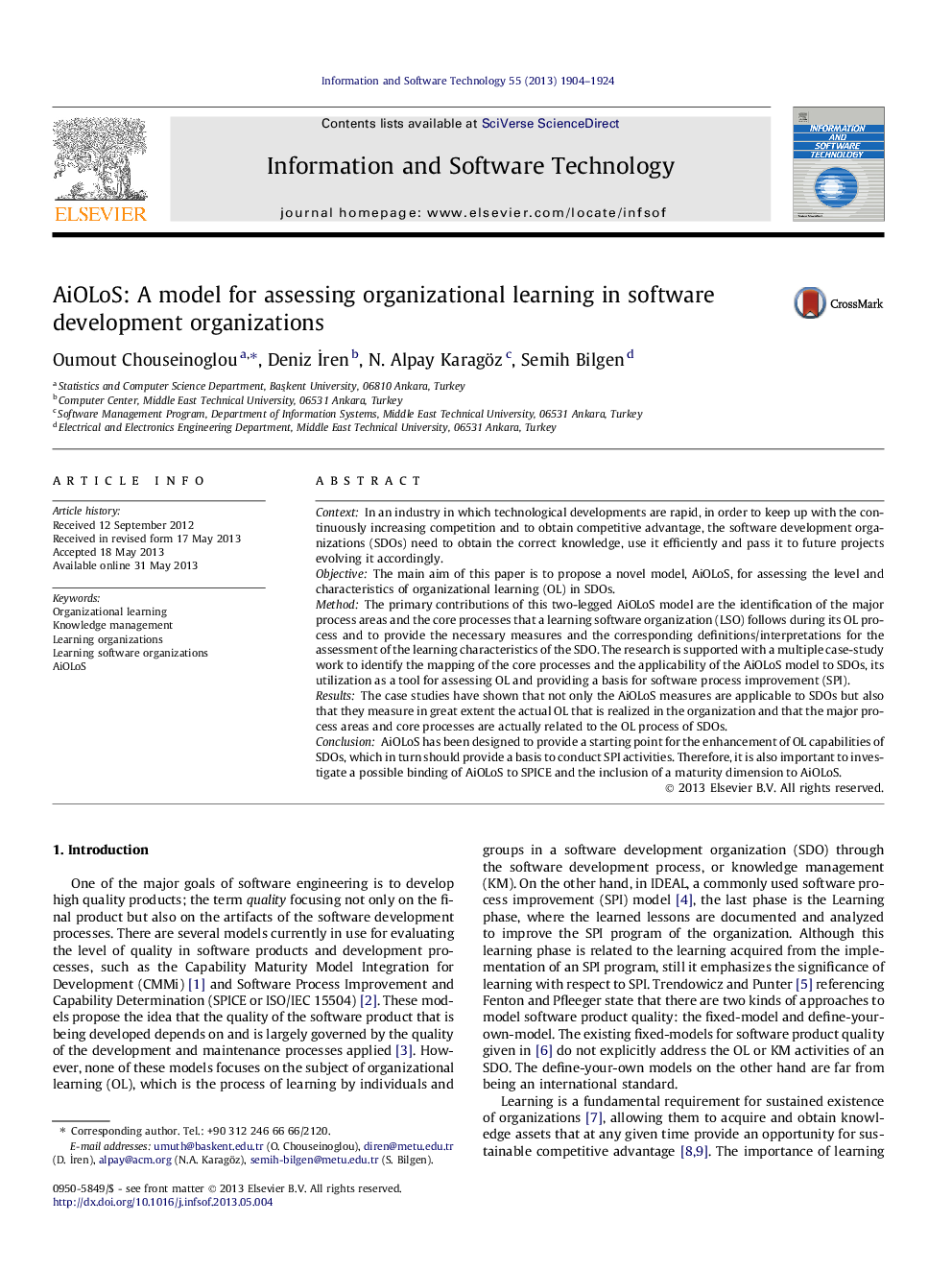 AiOLoS: A model for assessing organizational learning in software development organizations