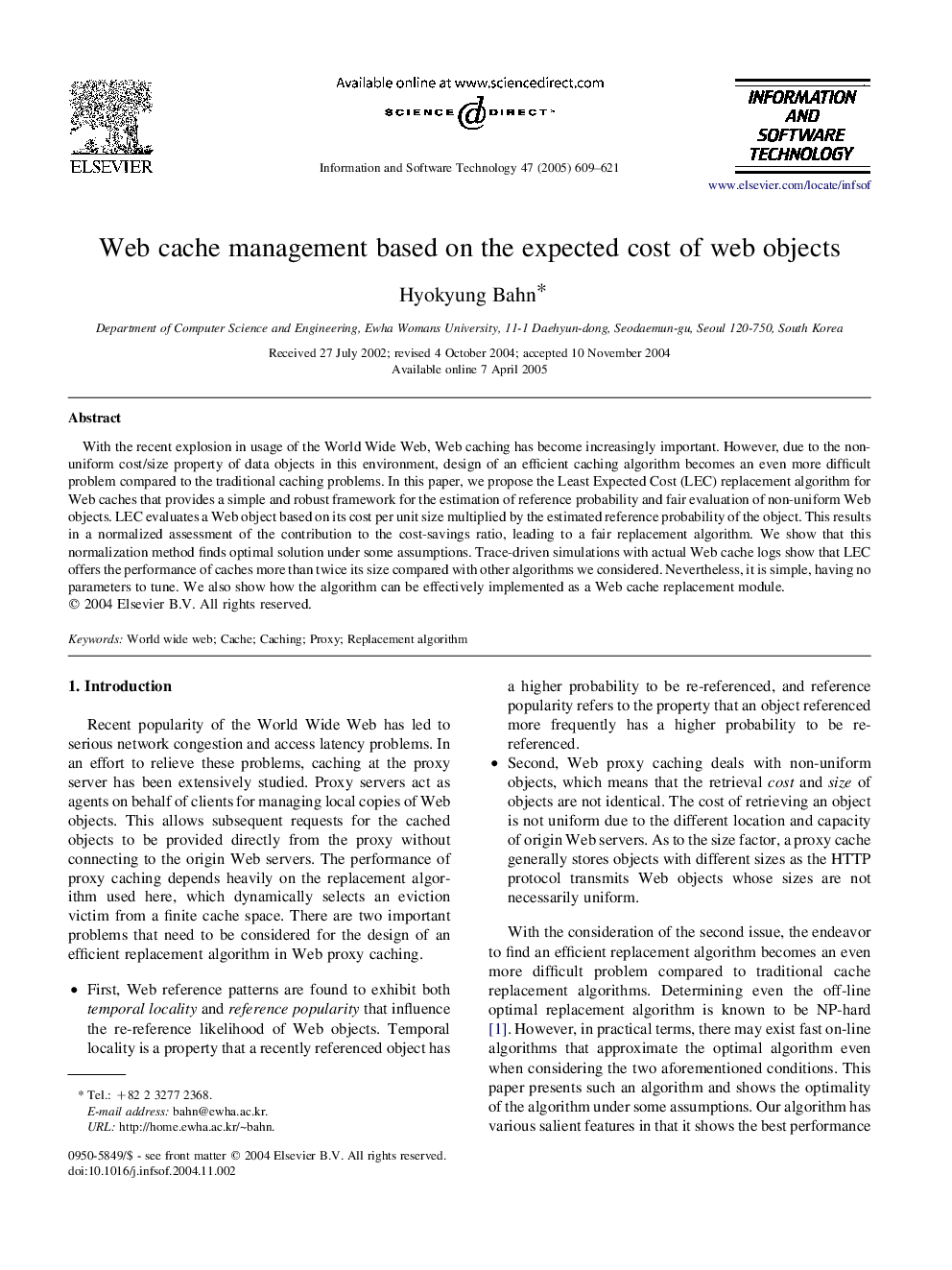 Web cache management based on the expected cost of web objects