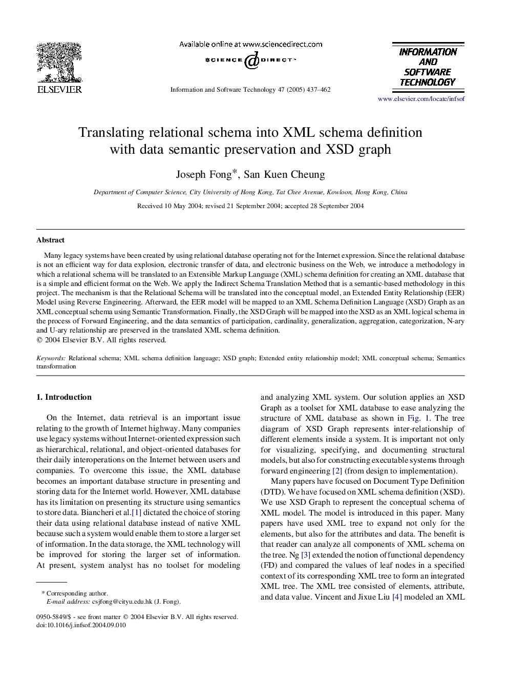 Translating relational schema into XML schema definition with data semantic preservation and XSD graph