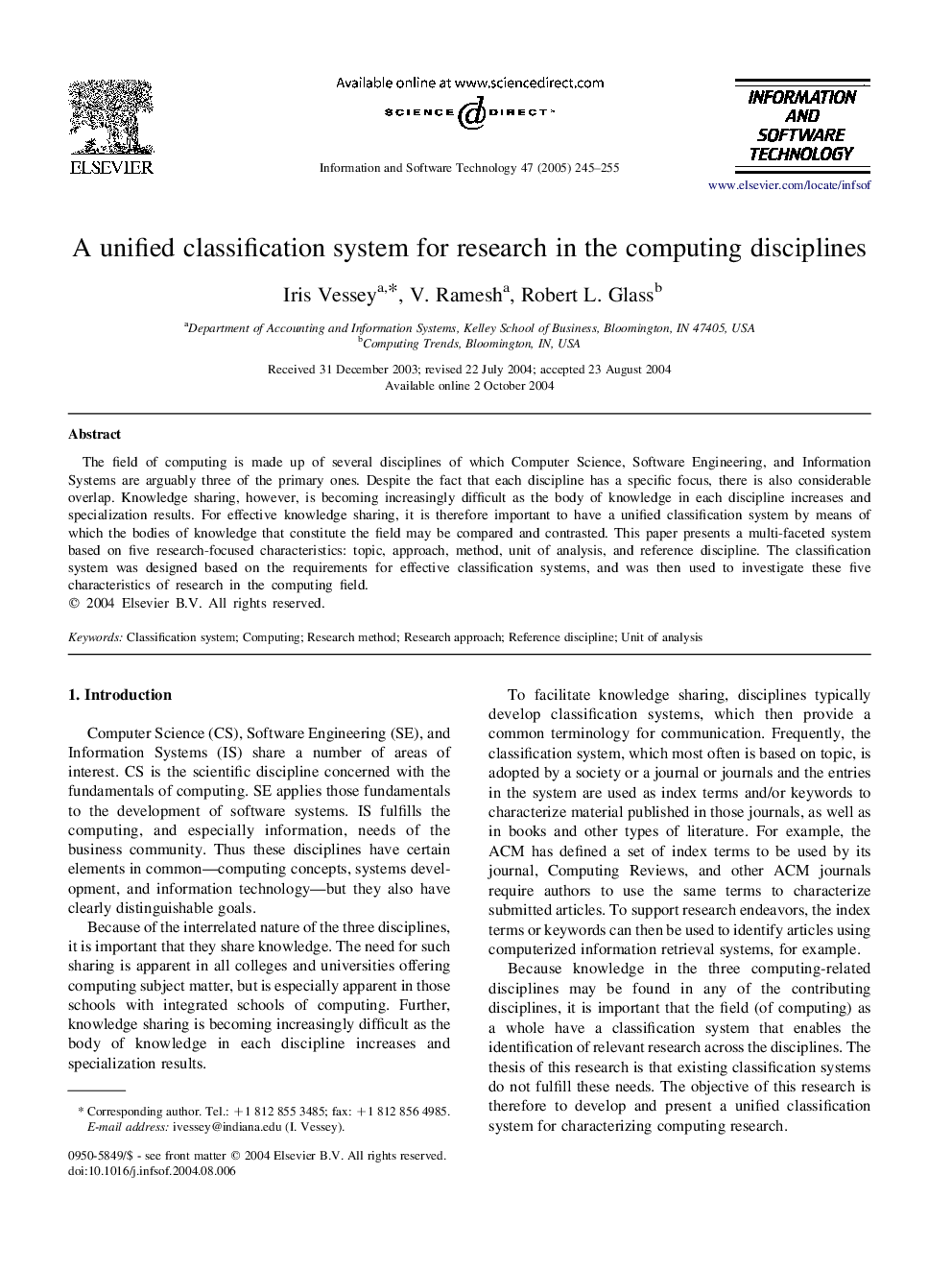 A unified classification system for research in the computing disciplines