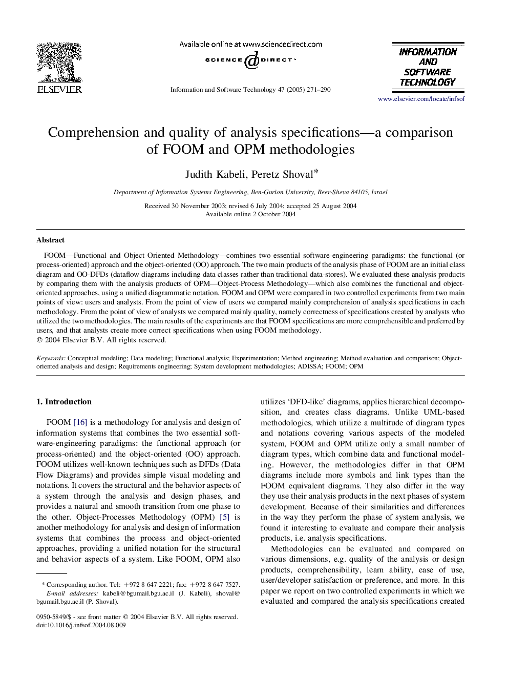 Comprehension and quality of analysis specifications-a comparison of FOOM and OPM methodologies