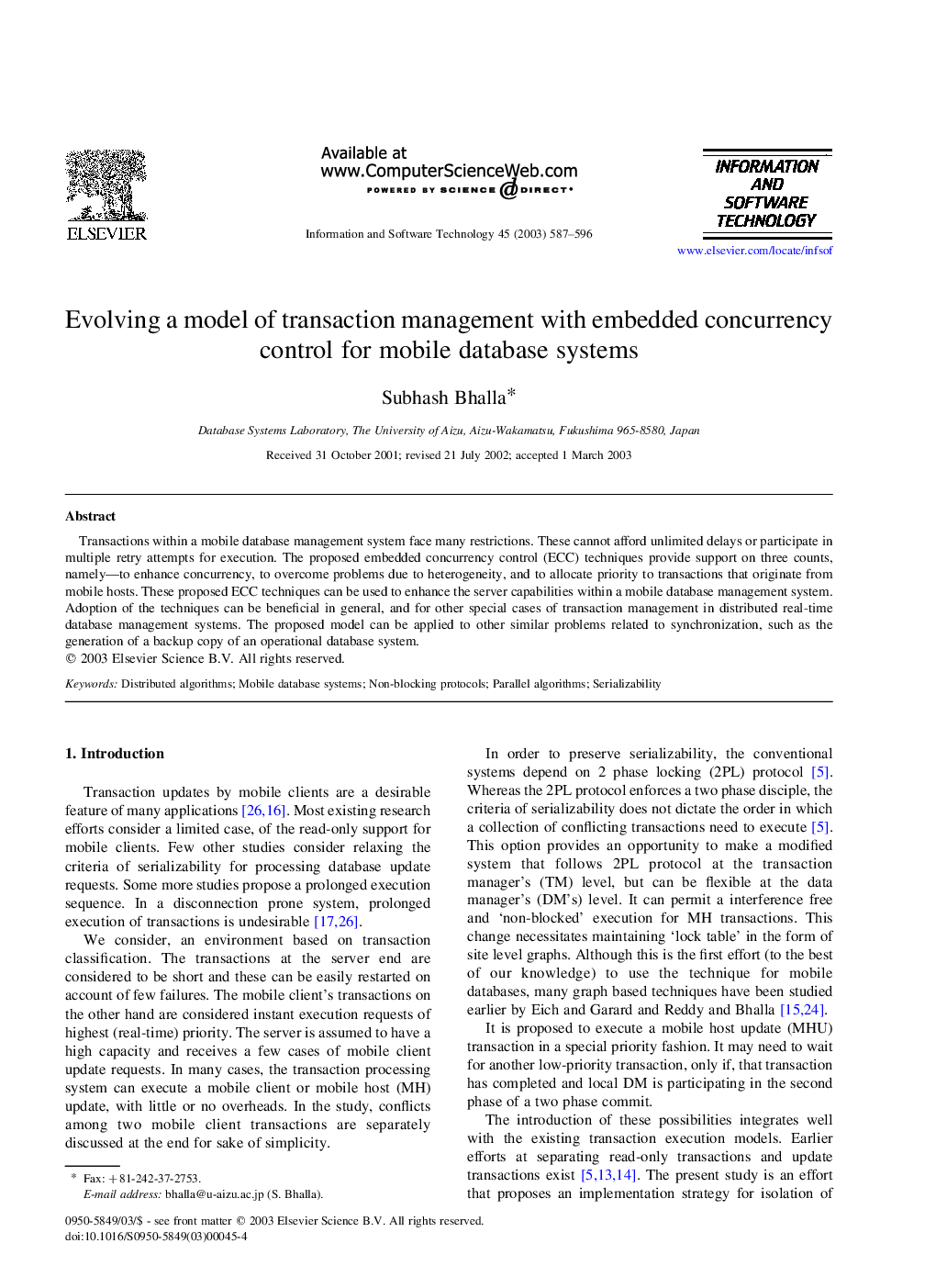 Evolving a model of transaction management with embedded concurrency control for mobile database systems