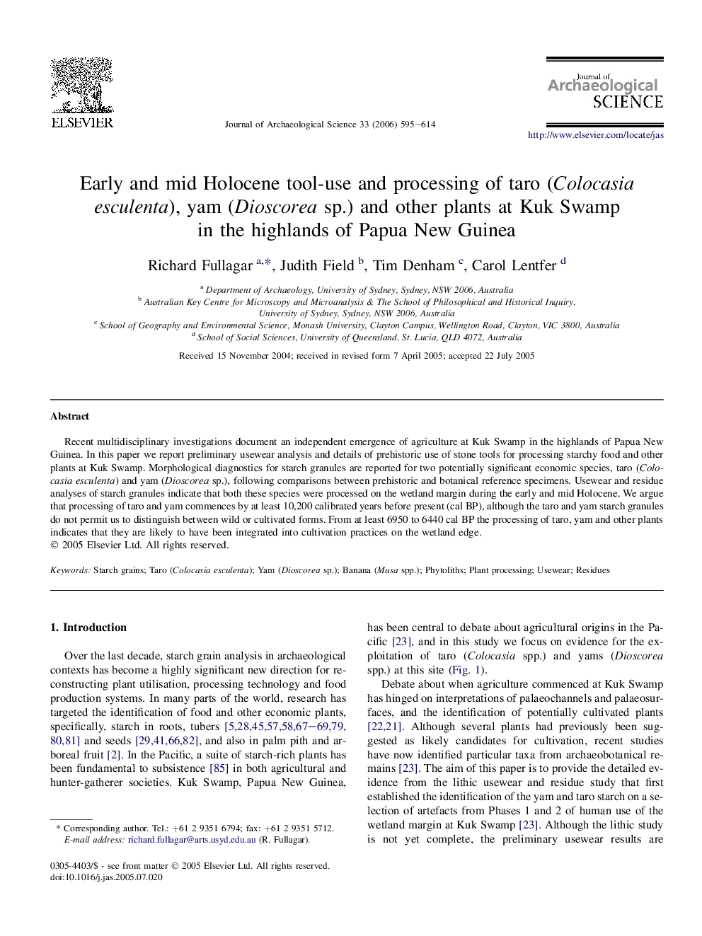 Early and mid Holocene tool-use and processing of taro (Colocasia esculenta), yam (Dioscorea sp.) and other plants at Kuk Swamp in the highlands of Papua New Guinea