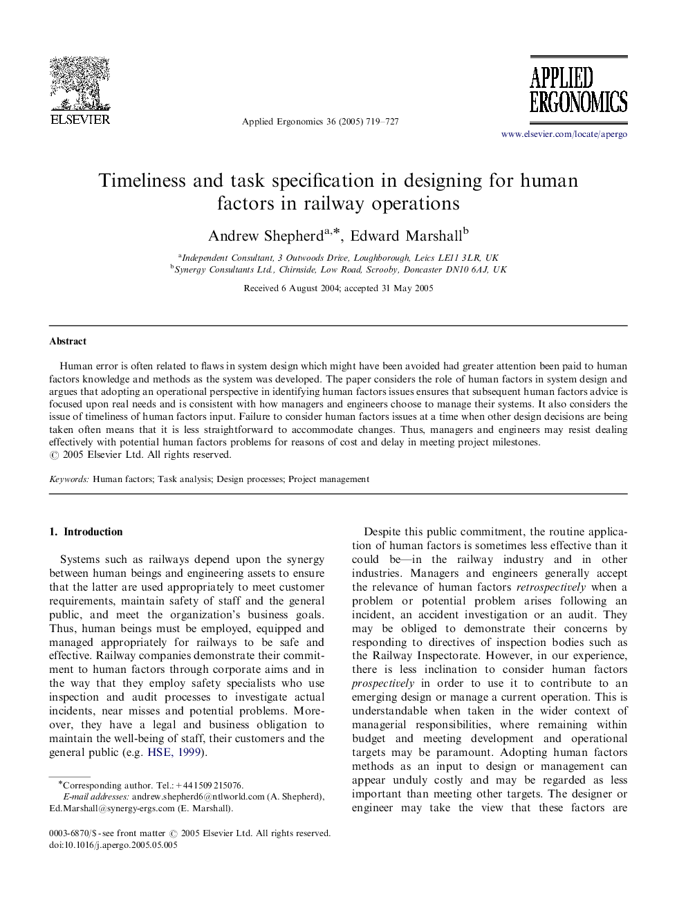 Timeliness and task specification in designing for human factors in railway operations