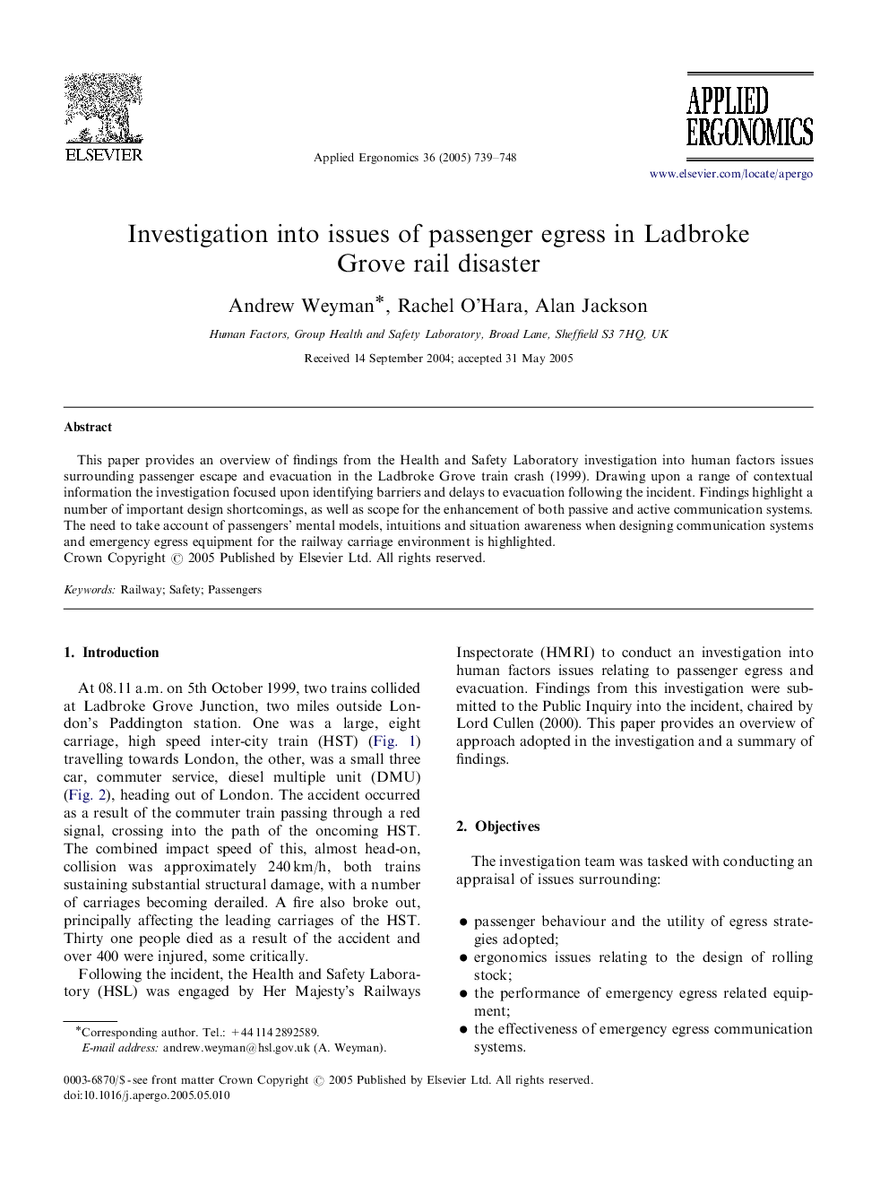 عکس صفحه اول مقاله: Investigation into issues of passenger egress in Ladbroke Grove rail disaster Investigation into issues of passenger egress in Ladbroke Grove rail disaster