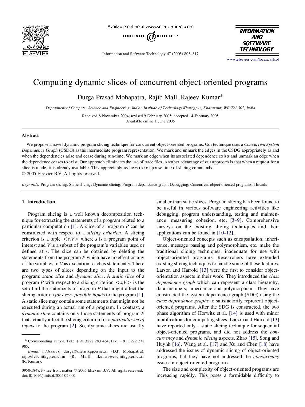 Computing dynamic slices of concurrent object-oriented programs