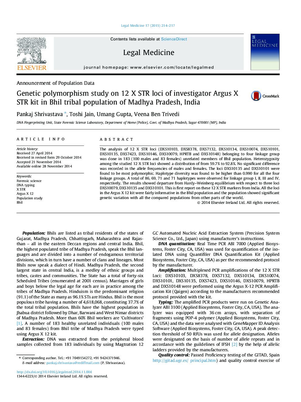 Genetic polymorphism study on 12 X STR loci of investigator Argus X STR kit in Bhil tribal population of Madhya Pradesh, India