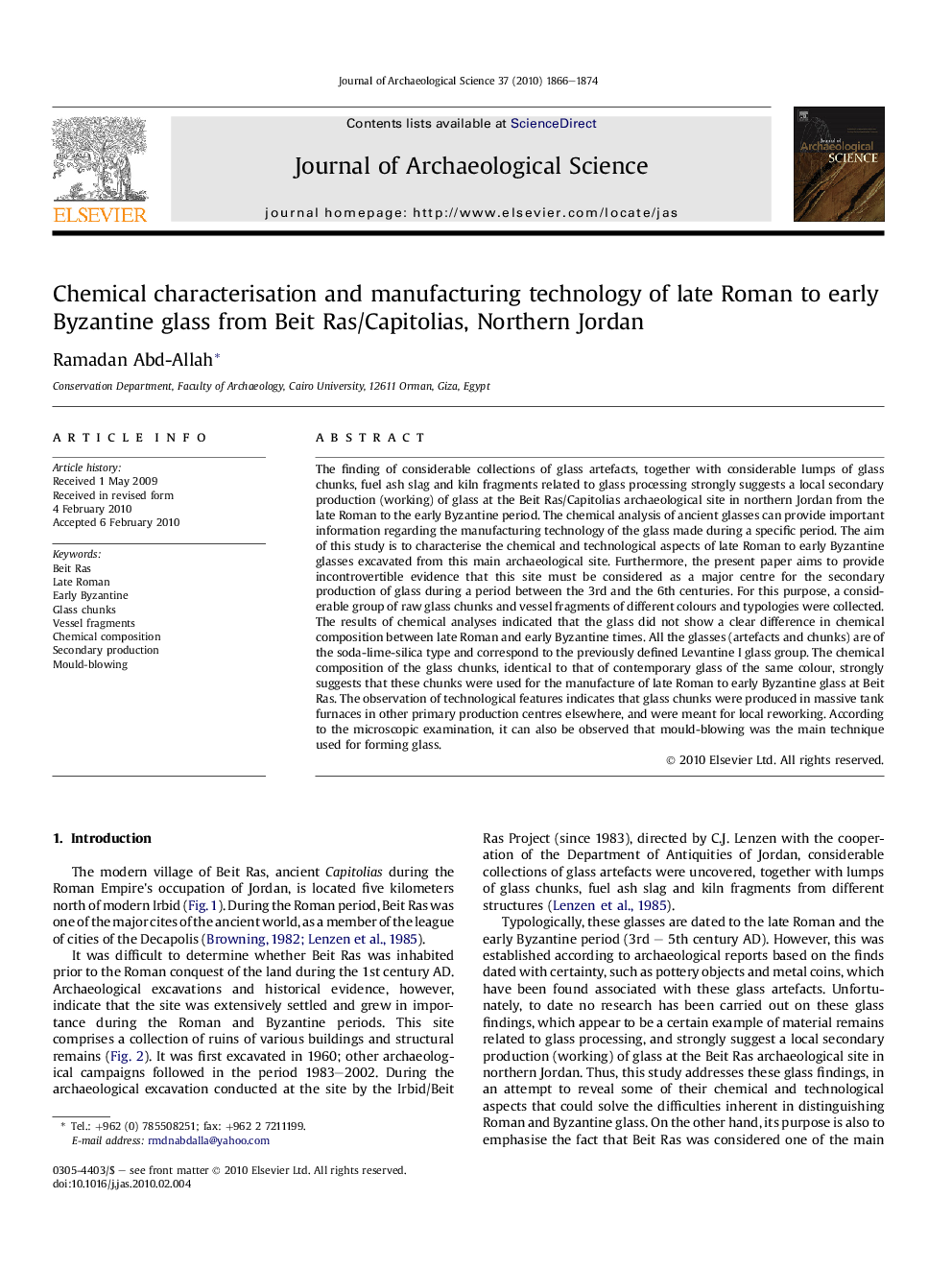 Chemical characterisation and manufacturing technology of late Roman to early Byzantine glass from Beit Ras/Capitolias, Northern Jordan