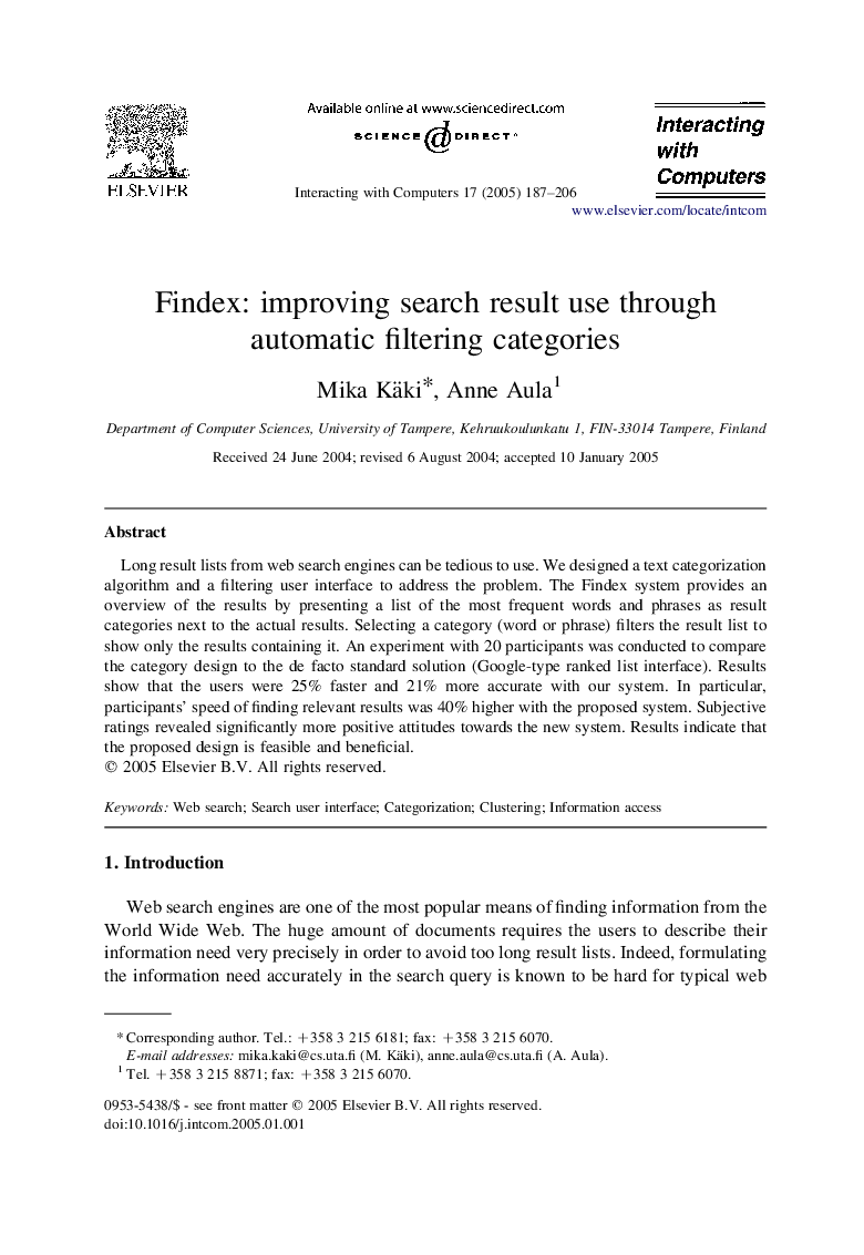 Findex: improving search result use through automatic filtering categories