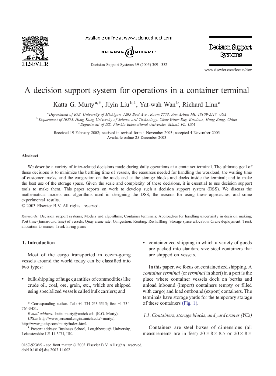 A decision support system for operations in a container terminal