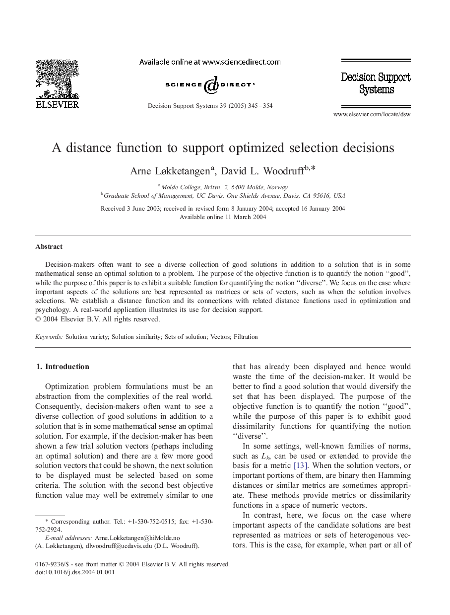 A distance function to support optimized selection decisions