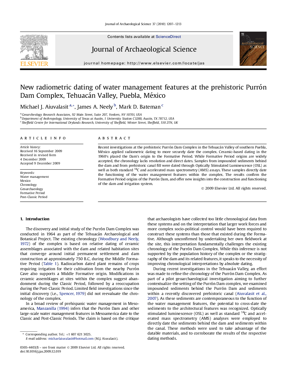 New radiometric dating of water management features at the prehistoric Purrón Dam Complex, Tehuacán Valley, Puebla, México