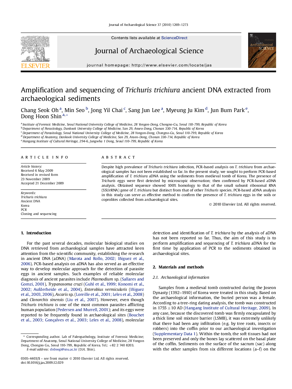 Amplification and sequencing of Trichuris trichiura ancient DNA extracted from archaeological sediments