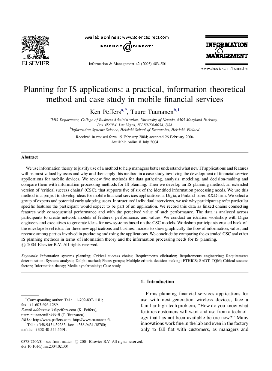 Planning for IS applications: a practical, information theoretical method and case study in mobile financial services