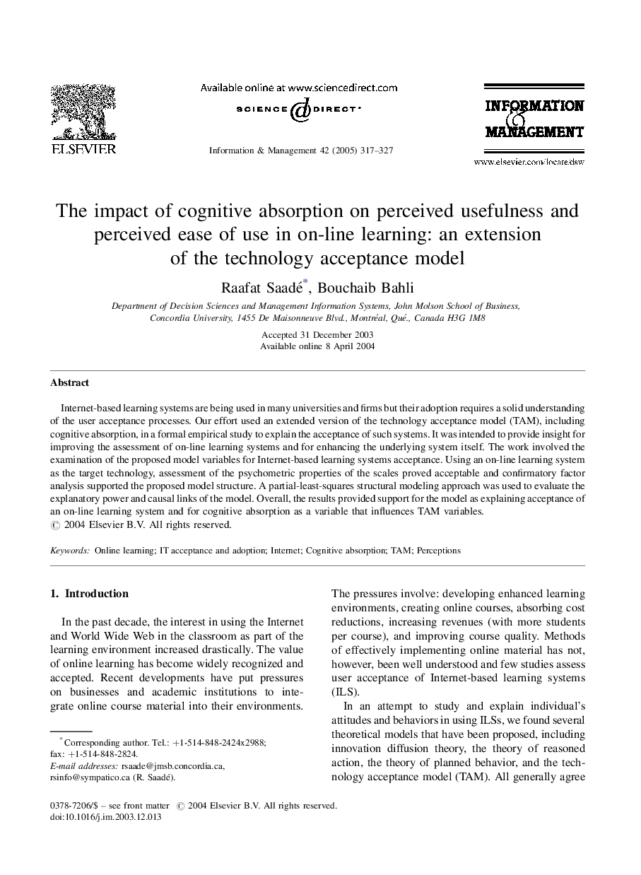 The impact of cognitive absorption on perceived usefulness and perceived ease of use in on-line learning: an extension of the technology acceptance model