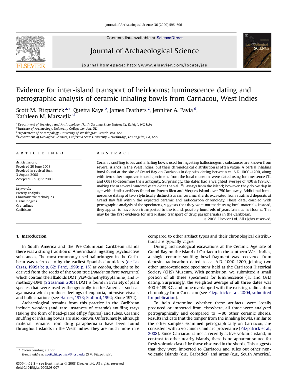 Evidence for inter-island transport of heirlooms: luminescence dating and petrographic analysis of ceramic inhaling bowls from Carriacou, West Indies