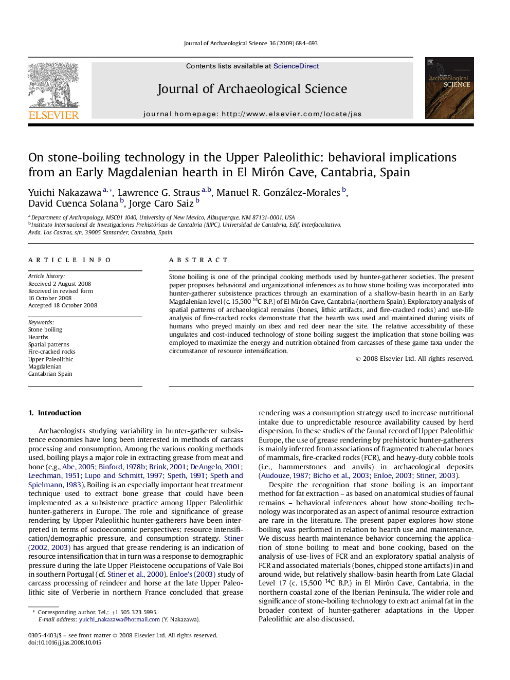 On stone-boiling technology in the Upper Paleolithic: behavioral implications from an Early Magdalenian hearth in El Mirón Cave, Cantabria, Spain