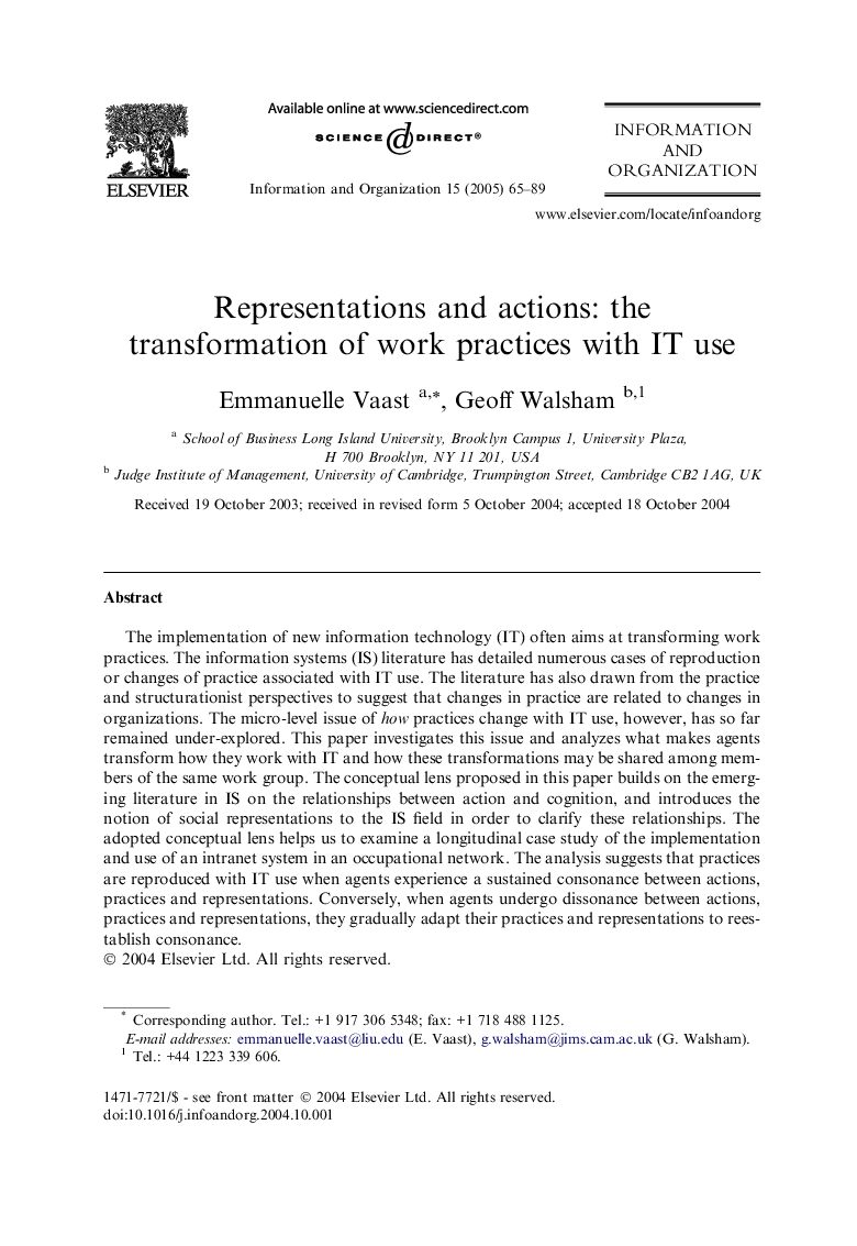 Representations and actions: the transformation of work practices with IT use